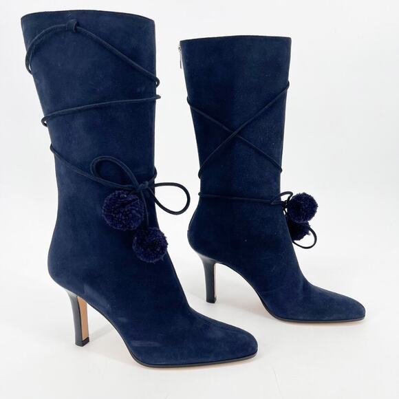 Jimmy Choo Retro y2k Navy Blue Suede Pom Pom Tie Mid-Calf Heeled Boot IT 37.5 - Picture 1 of 12